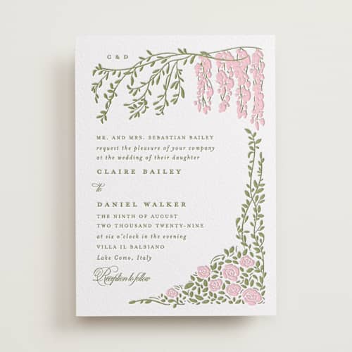 This is a lotus letterpress wedding invitations with letterpress by Creo Study called vintage blooms printing on white cotton in standard