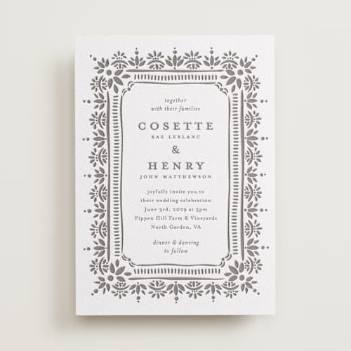 This is a graphite letterpress wedding invitations with letterpress by Melanie Kosuge called cosette printing on white cotton in standard