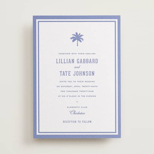 This is a bluebell letterpress wedding invitations with letterpress by Sara Hicks Malone called preston printing on white cotton in standard