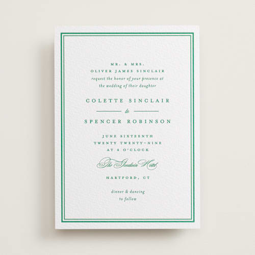 This is a emerald letterpress wedding invitations with letterpress by Olivia Raufman called hartford printing on white cotton in standard