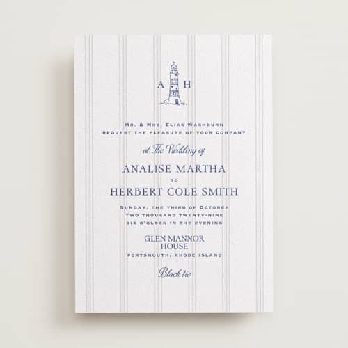 This is a lapis letterpress wedding invitations with letterpress by Tamara Hilje called raies printing on white cotton in standard