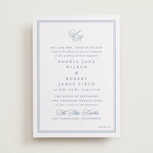This is a pacific blue letterpress wedding invitations with letterpress by Creo Study called posh printing on white cotton in standard