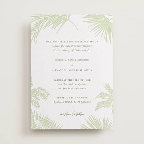 This is a honeydew letterpress wedding invitations with letterpress by Lucrecia Caporale called shoreline elegance printing on white cotton in standard