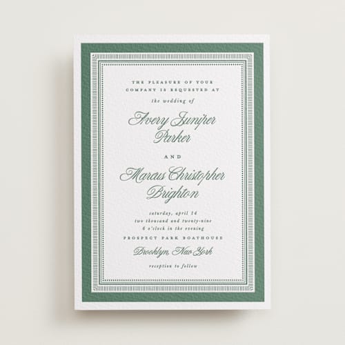 This is a racing green letterpress wedding invitations with letterpress by Kelly Watkins called archer printing on white cotton in standard