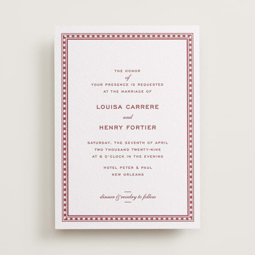 This is a ruby letterpress wedding invitations with letterpress by Megan Davis called larkin printing on white cotton in standard