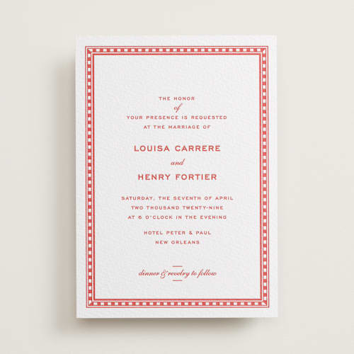 This is a ruby letterpress wedding invitations with letterpress by Megan Davis called larkin printing on white cotton in standard