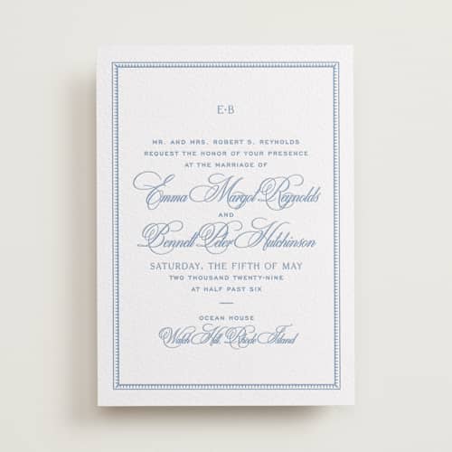 This is a pacific blue letterpress wedding invitations with letterpress by Megan Davis called maison printing on white cotton in standard