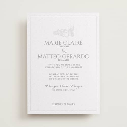 This is a granite letterpress wedding invitations with letterpress by MG Patternbox called vigneto printing on white cotton in standard