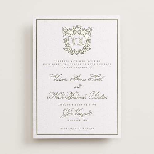 This is a olive letterpress wedding invitations with letterpress by Petra Kern called crestino printing on white cotton in standard