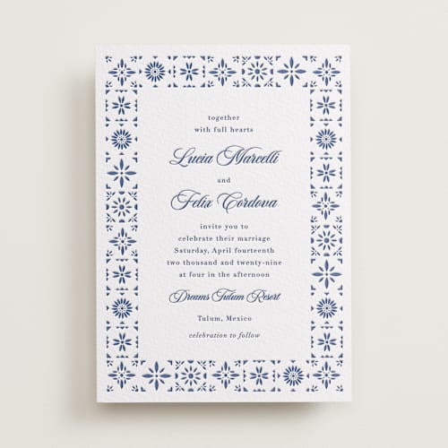 This is a lapis letterpress wedding invitations with letterpress by Olivia Raufman called talavera tiles printing on white cotton in standard