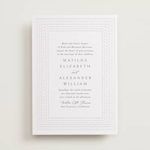This is a smoke letterpress wedding invitations with letterpress by Meggy Masters called heirloom needlework printing on white cotton in standard