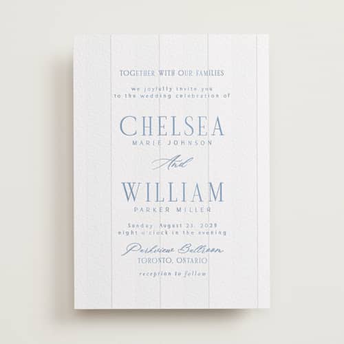 This is a pacific blue letterpress wedding invitations with letterpress by Nicole Walsh called subtle stripes printing on white cotton in standard