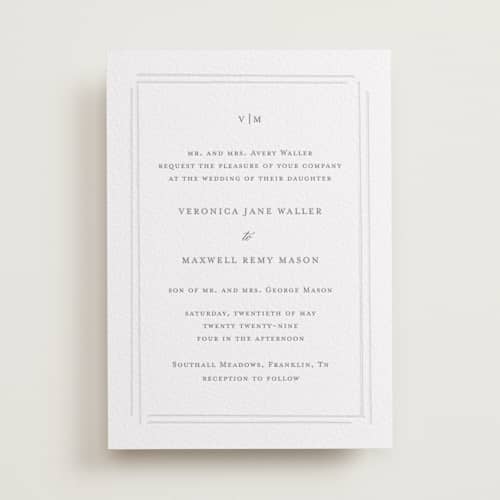 This is a smoke | blind deboss letterpress wedding invitations with letterpress by Jelena Vuletic called clarion printing on white cotton in standard