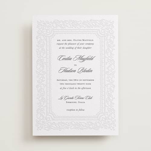 This is a soft black letterpress wedding invitations with letterpress by Pati Cascino called sirmione printing on white cotton in standard