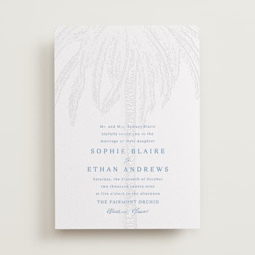 This is a marine blue letterpress wedding invitations with letterpress by Kaydi Bishop called palm tree printing on white cotton in standard