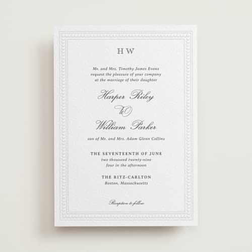This is a soft black letterpress wedding invitations with letterpress by Jenna Holcomb called the ritz printing on white cotton in standard