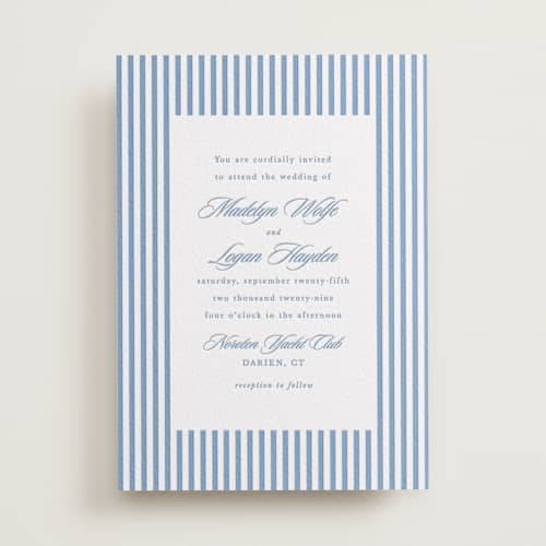 This is a pacific blue letterpress wedding invitations with letterpress by Morgan Kendall called catamaran printing on white cotton in standard