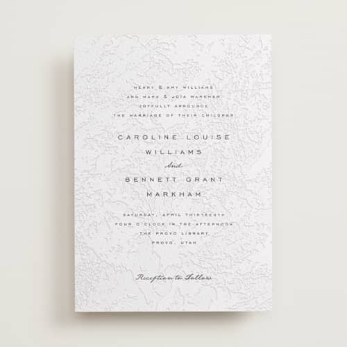 This is a soft black | blind deboss letterpress wedding invitations with letterpress by Erin L. Wilson called subtle marble printing on white cotton in standard