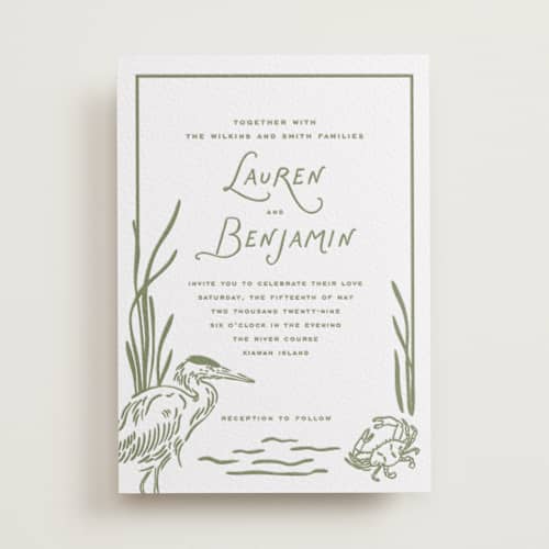 This is a artichoke letterpress wedding invitations with letterpress by Oscar and Emma - Karly Depew called marshland printing on white cotton in standard