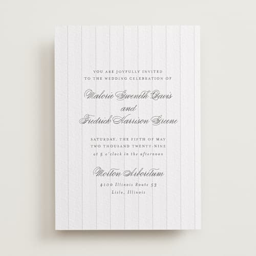 This is a soft black letterpress wedding invitations with letterpress by Baumbirdy called striped printing on white cotton in standard