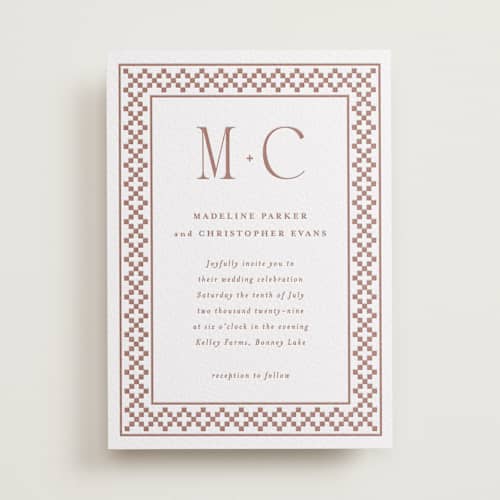 This is a cinnamon letterpress wedding invitations with letterpress by Angela Garrick called parker printing on white cotton in standard
