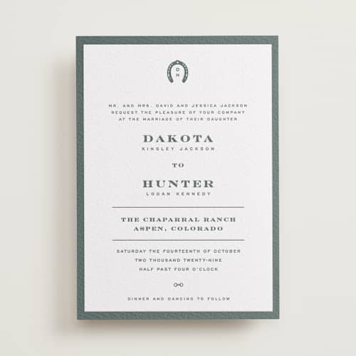 This is a slate letterpress wedding invitations with letterpress by Jenna Holcomb called the ranch printing on white cotton in standard
