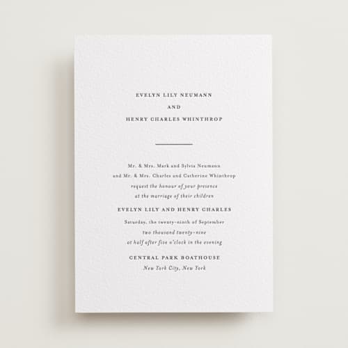 This is a soft black | blind deboss letterpress wedding invitations with letterpress by Meggy Masters called bespoke printing on white cotton in standard