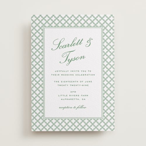 This is a fern letterpress wedding invitations with letterpress by Angela Garrick called garden trellis printing on white cotton in standard