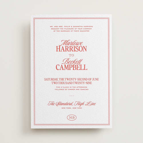 This is a ruby letterpress wedding invitations with letterpress by Jenna Holcomb called vermilion printing on white cotton in standard