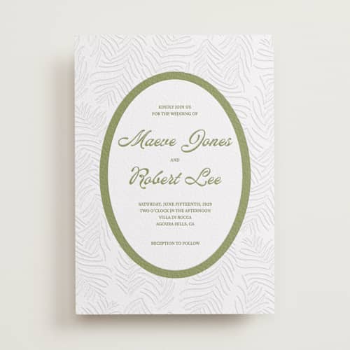 This is a olive letterpress wedding invitations with letterpress by Julia Liverton called palm shade printing on white cotton in standard