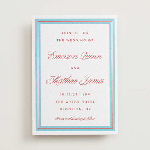 This is a ruby | vista letterpress wedding invitations with letterpress by Kelly Watkins called charm printing on white cotton in standard