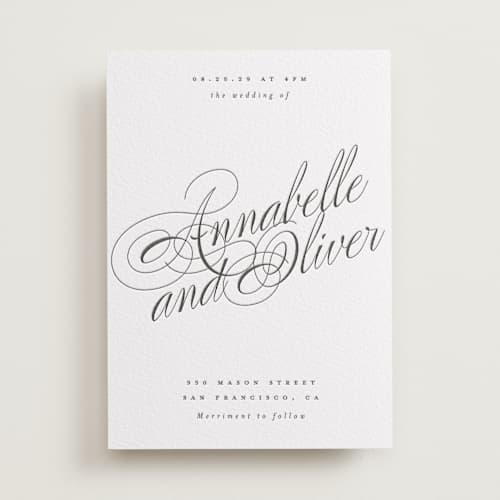 This is a soft black letterpress wedding invitations with letterpress by Hudson meet Rose called forever printing on white cotton in standard