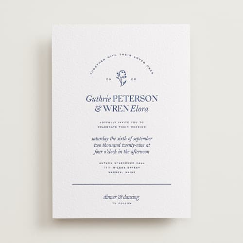 This is a lapis letterpress wedding invitations with letterpress by Bramble Studio called bluebell dinner printing on white cotton in standard