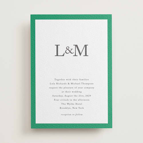 This is a soft black letterpress wedding invitations with letterpress by mo kelley called classic initials printing on white cotton in standard