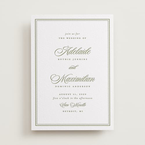 This is a olive letterpress wedding invitations with letterpress by Ellen Schlegelmilch called museo printing on white cotton in standard