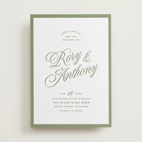 This is a olive letterpress wedding invitations with letterpress by Ellen Schlegelmilch called rory printing on white cotton in standard