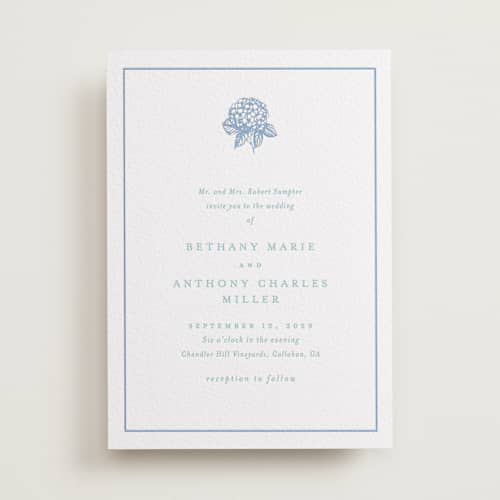 This is a robin's egg | pacific blue letterpress wedding invitations with letterpress by Stacey Meacham called hydrangea bloom printing on white cotton in standard