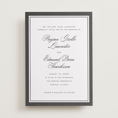 This is a soft black letterpress wedding invitations with letterpress by chocomocacino called krytharaki printing on white cotton in standard