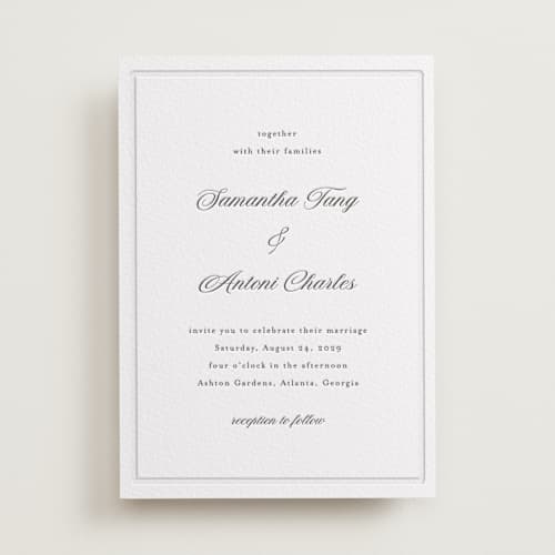 This is a soft black letterpress wedding invitations with letterpress by Nicole Walsh called tux printing on white cotton in standard