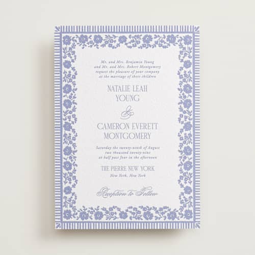 This is a bluebell letterpress wedding invitations with letterpress by Jenna Holcomb called embroidered printing on white cotton in standard