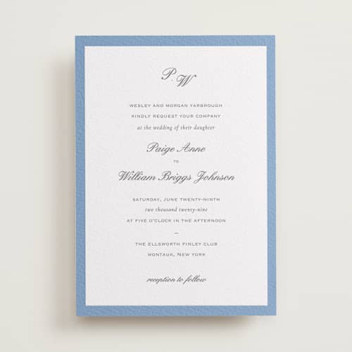 This is a pacific blue letterpress wedding invitations with letterpress by Sara Hicks Malone called briland printing on white cotton in standard