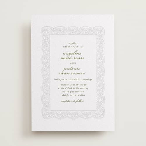 This is a pistachio letterpress wedding invitations with letterpress by Erica Krystek called chantilly printing on white cotton in standard