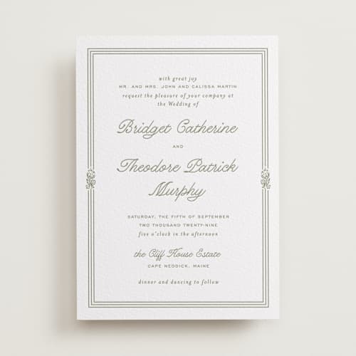 This is a artichoke letterpress wedding invitations with letterpress by Kate Ahn called court printing on white cotton in standard