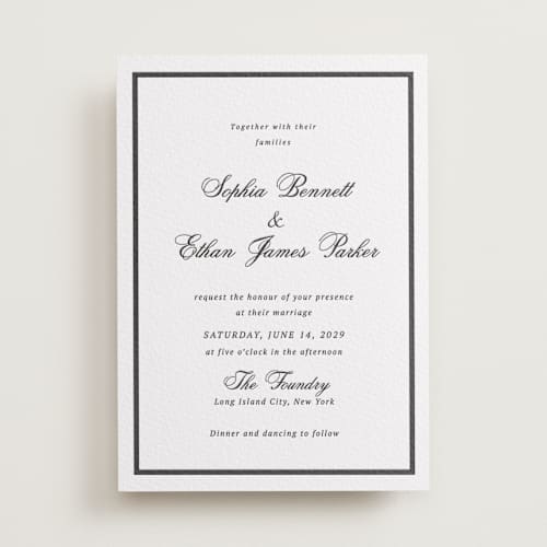 This is a soft black letterpress wedding invitations with letterpress by Cass Loh called chic union printing on white cotton in standard
