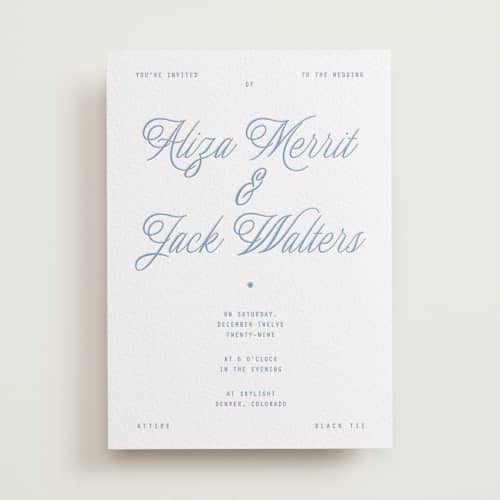 This is a pacific blue letterpress wedding invitations with letterpress by Blustery August called cheers printing on white cotton in standard