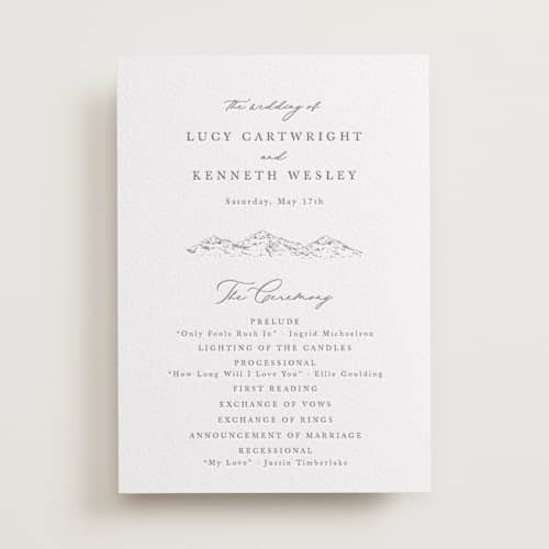 This is a graphite unique wedding programs with letterpress by Sarah Brown called mountainview printing on white cotton in standard