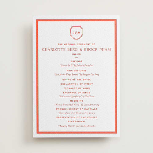 This is a verona sunset unique wedding programs with letterpress by Megan Davis called racquet printing on white cotton in standard