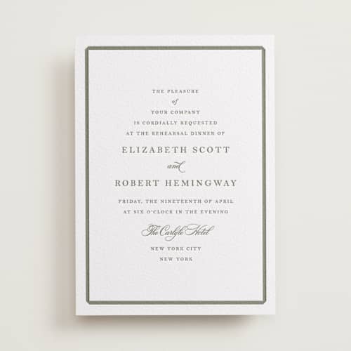 This is a artichoke rehearsal dinner invitations with letterpress by Megan Davis called bevel printing on white cotton in standard