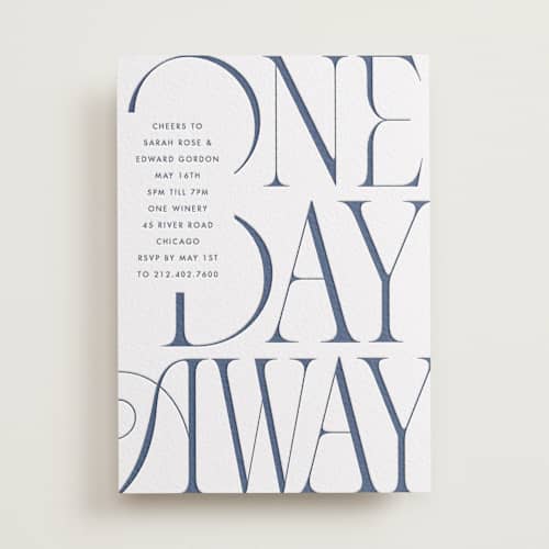 This is a blueberry rehearsal dinner invitations with letterpress by Baumbirdy called a day away printing on white cotton in standard