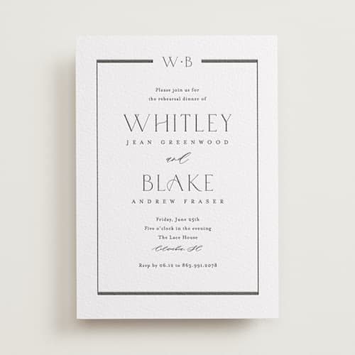 This is a soft black rehearsal dinner invitations with letterpress by Stacey Meacham called luster printing on white cotton in standard
